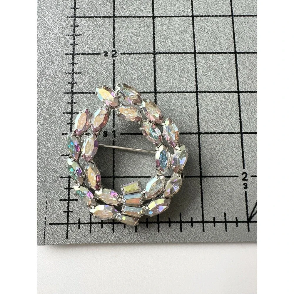 Vintage B. David Aurora Borealis Rhinestone Wreath Brooch Pin Silver Tone Signed